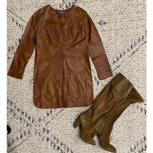 Vince Tan V Neck Leather Tunic Dress Shirt